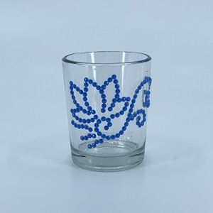 Votive candle holder, unique, handmade. 2.5 inches high. Blue rhinestones.
